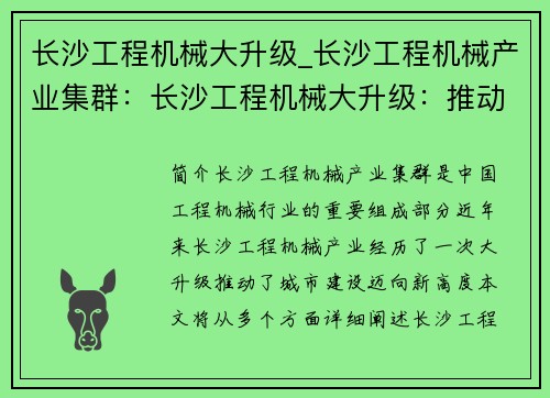 长沙工程机械大升级_长沙工程机械产业集群：长沙工程机械大升级：推动城市建设迈向新高度